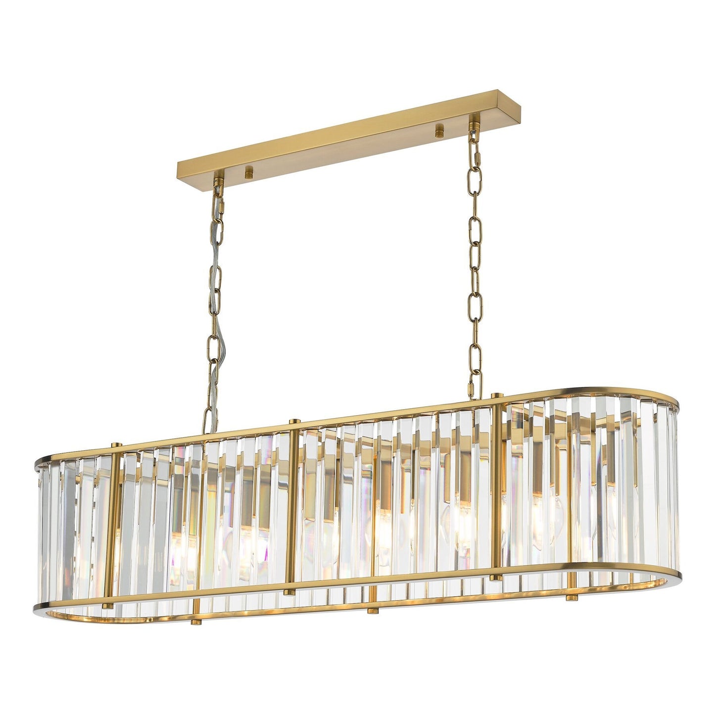 Gold dar lighting pendant light fixture with clear glass panels on a white background