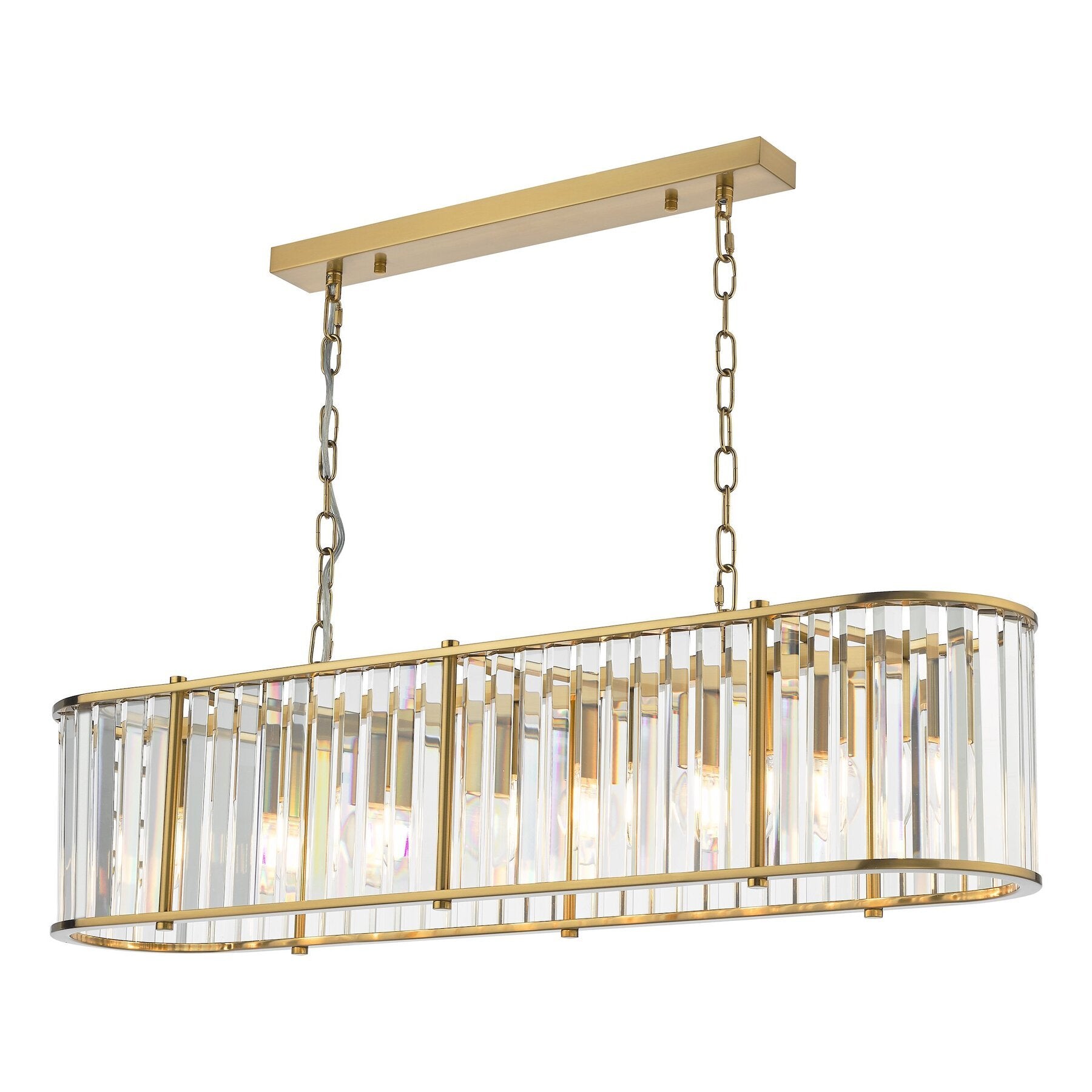 Gold dar lighting pendant light fixture with clear glass panels on a white background