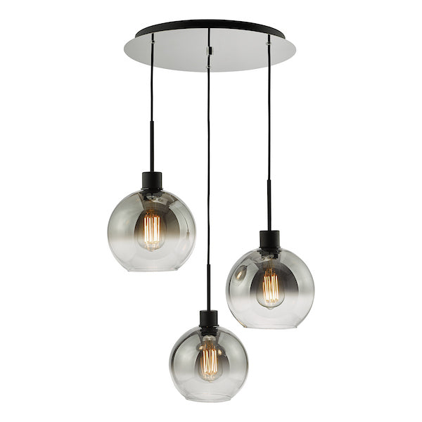 Modern dar lighting pendant light with three glass bulbs on a white background
