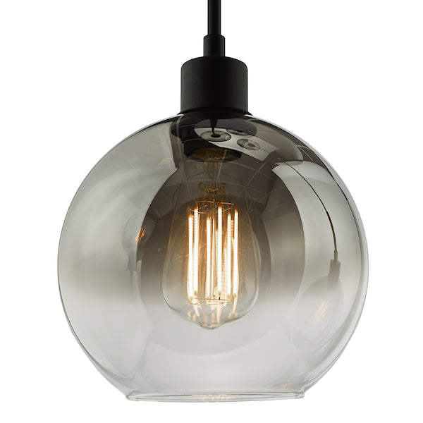 Smoked dar lighting glass pendant light with a black fixture on a white background