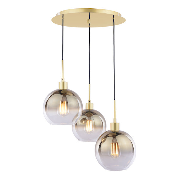 Modern dar lighting pendant light with gold fixtures and smoked glass shades on a white background