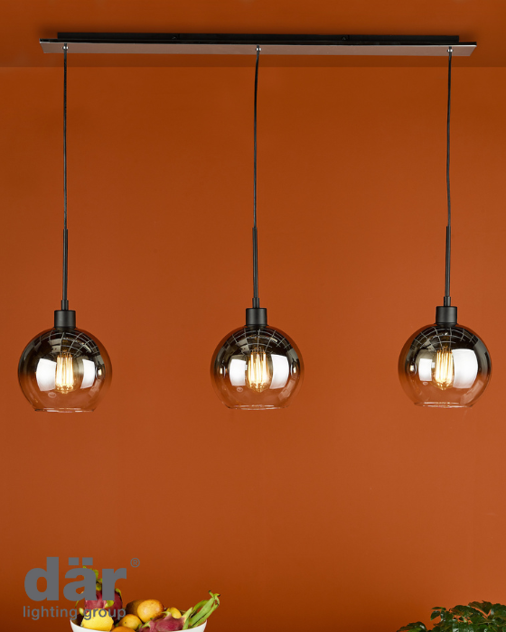 Three pendant lights hanging against an orange wall with dar lighting branding.