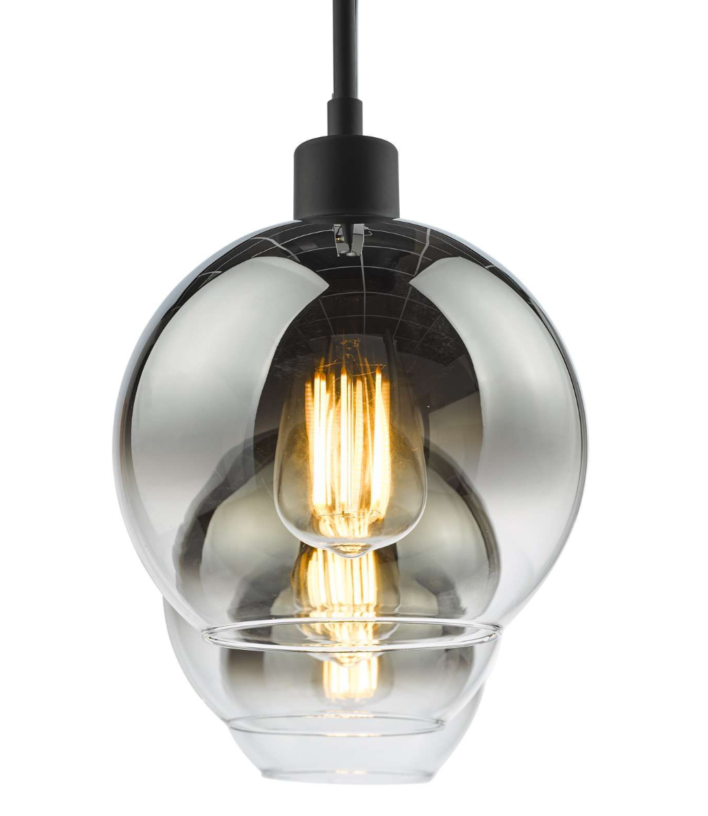 Clear Dar lighting glass pendant light with black fixture on a white background