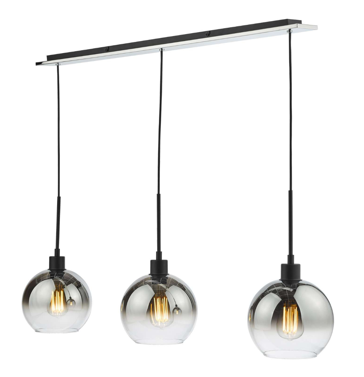 Modern Dar lighting pendant light with three glass shades on a white background