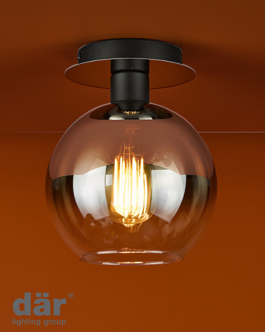 Ceiling light fixture with glass shade and visible bulb on an orange background, featuring the dar lighting group logo.