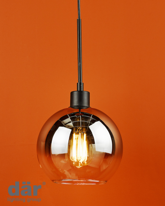 Glass pendant light with a warm glow against an orange background, featuring the dar lighting group logo.