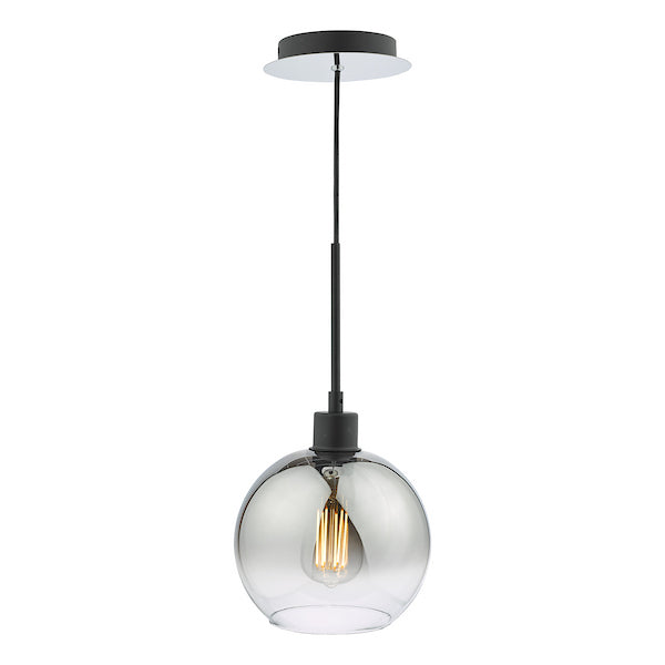 Dar lighting pendant light with clear glass shade and black fixture on a white background