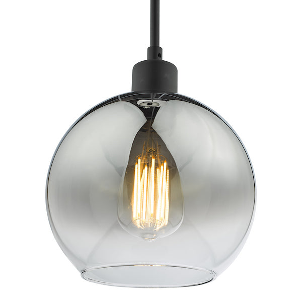 Dar lighting pendant light with smoked glass shade and visible bulb on a white background