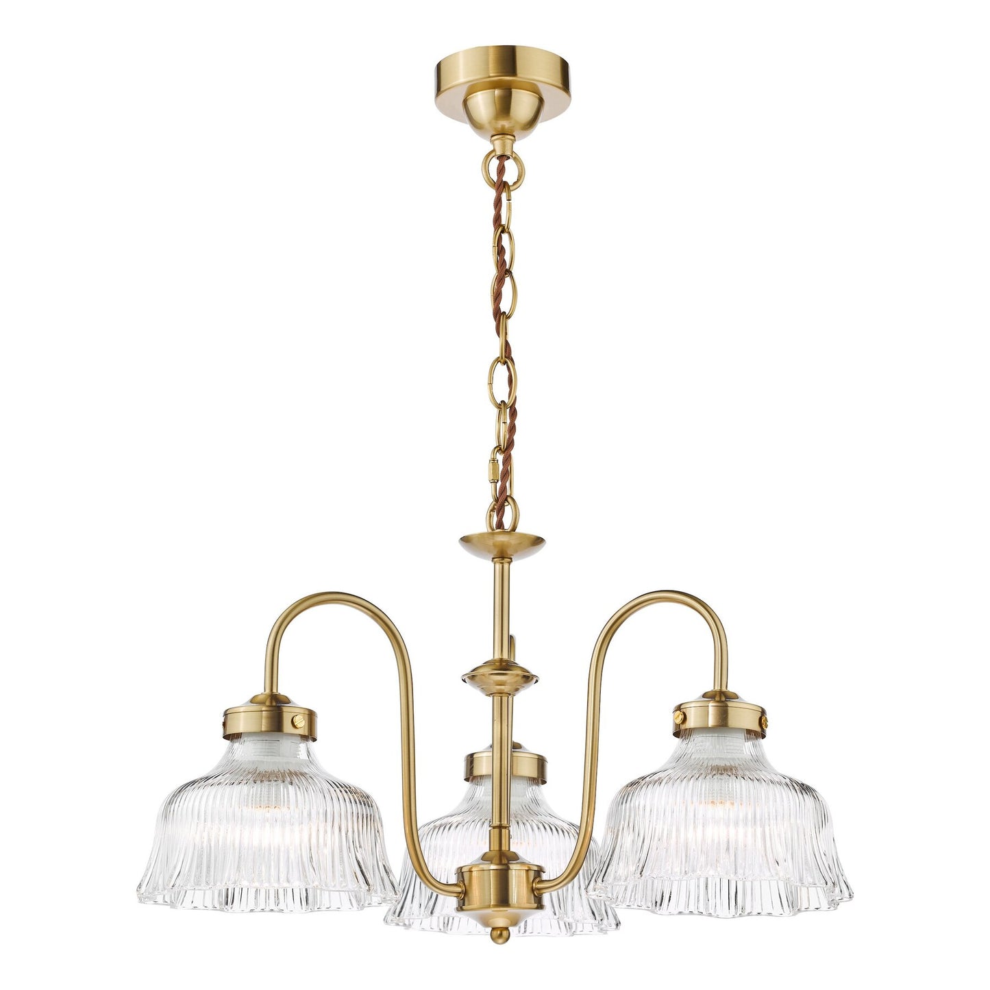 Dar lighting gold chandelier with three clear glass shades on a white background