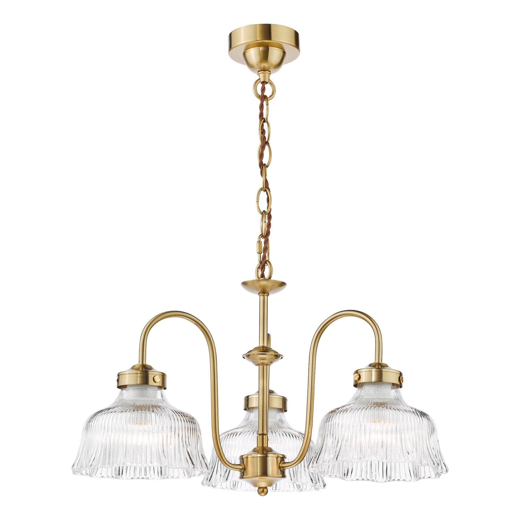 Dar lighting gold chandelier with three clear glass shades on a white background