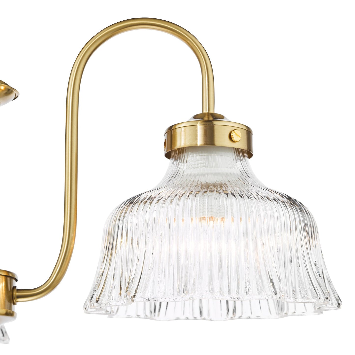 Wall-mounted dar lighting light fixture with gold arm and clear glass shade on a white background