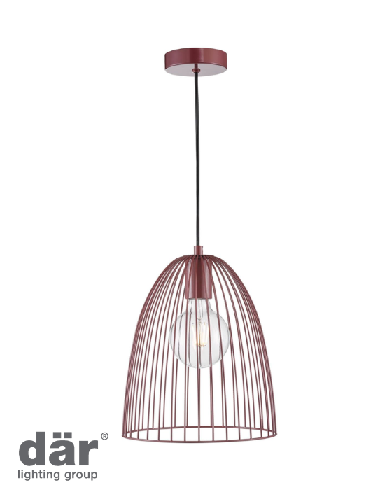 Purple pendant ceiling light with wire cage design on a white background, featuring the dar lighting group logo.