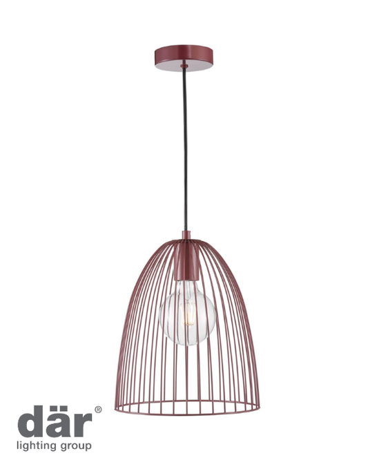 Purple pendant ceiling light with wire cage design on a white background, featuring the dar lighting group logo.