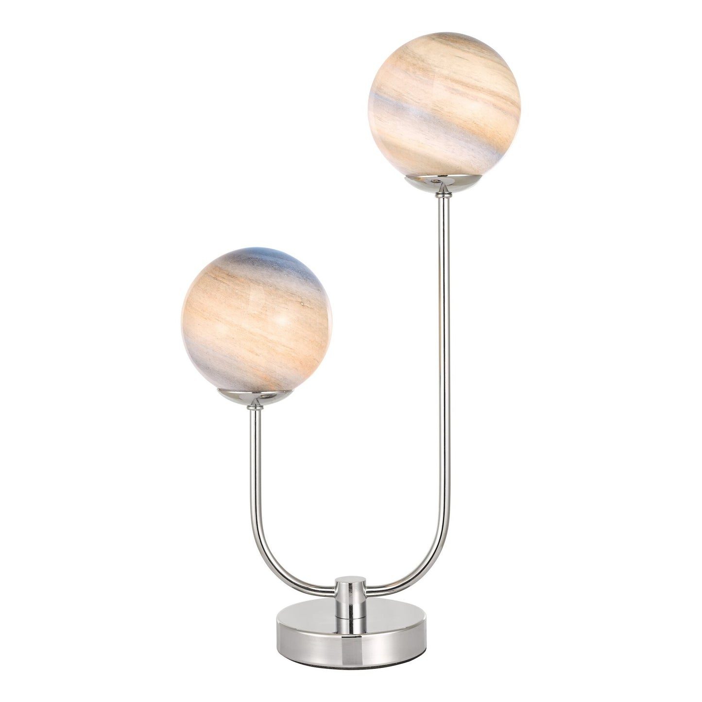 Dar lighting table lamp with two spherical marble-like lampshades on a white background