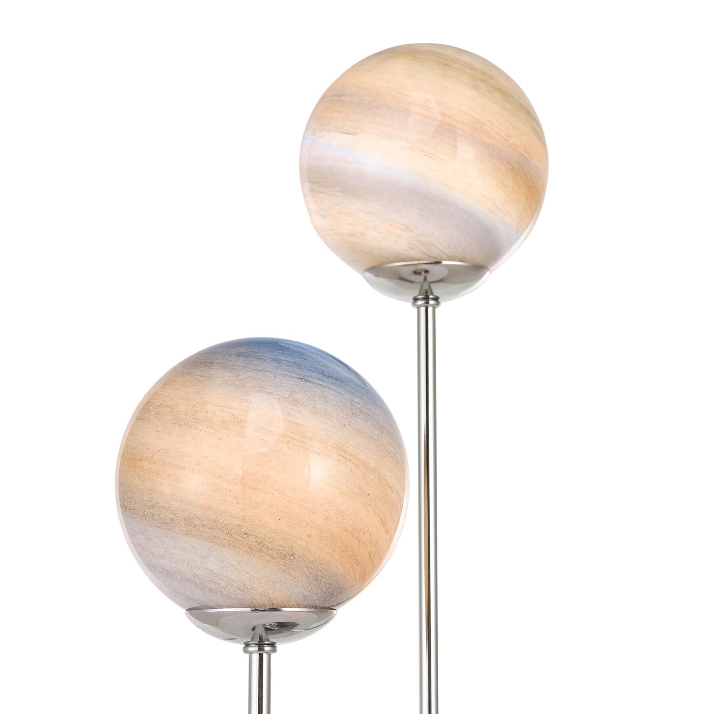 Two sphericaldar lighting lampshades on a stand against a white background