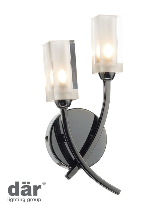 Dar Lighting double wall light in black chrome with two frosted glass rectagular shades on a circular fitting to the wall. Logo in the bottom left corner. 