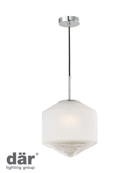 Dar Lighting white ribbed glass pendant in a squared, drop shape with chrome and black cable on white background with logo in the bottom left corner.