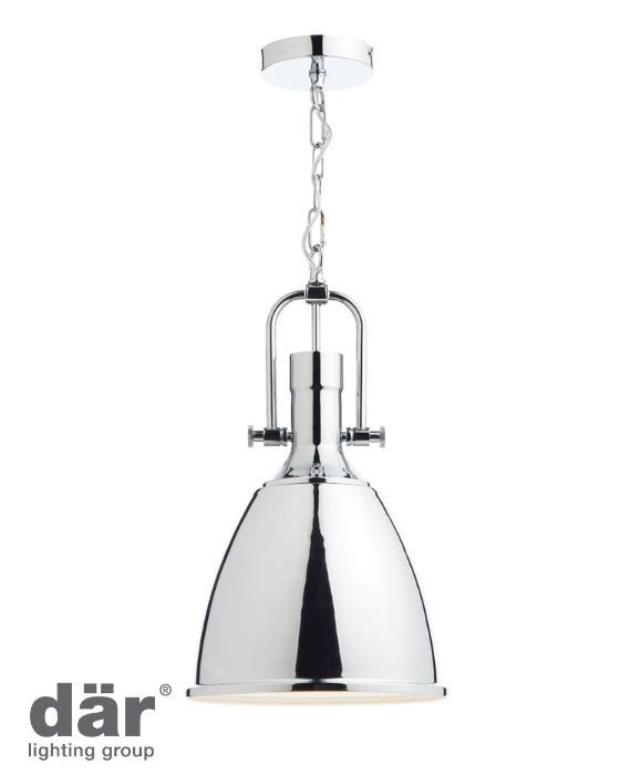 Chrome pendant from Dar Lighting with chain suspension on a white background with logo bottom left.