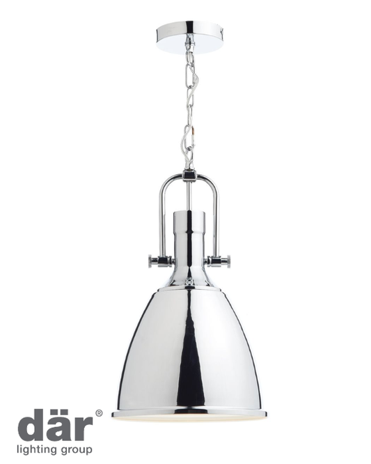 Chrome pendant from Dar Lighting with chain suspension on a white background with logo bottom left.