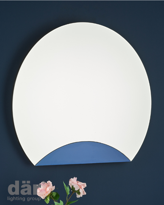 Modern circular mirror with straight bottom in a blue accent on a dark background with Dar Lighting logo, bottom left.