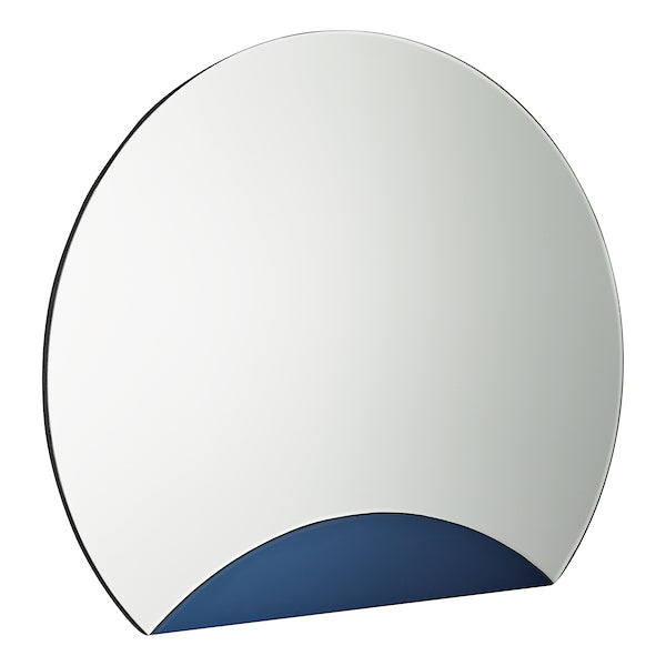 Modern circular mirror with straight bottom in a blue accent on a white background.