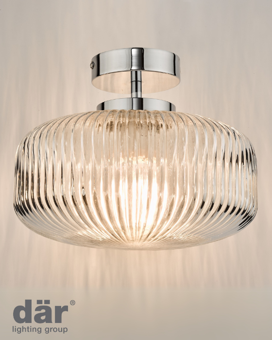Ceiling light fixture with ribbed glass shade on a neutral background, featuring the dar lighting group logo.