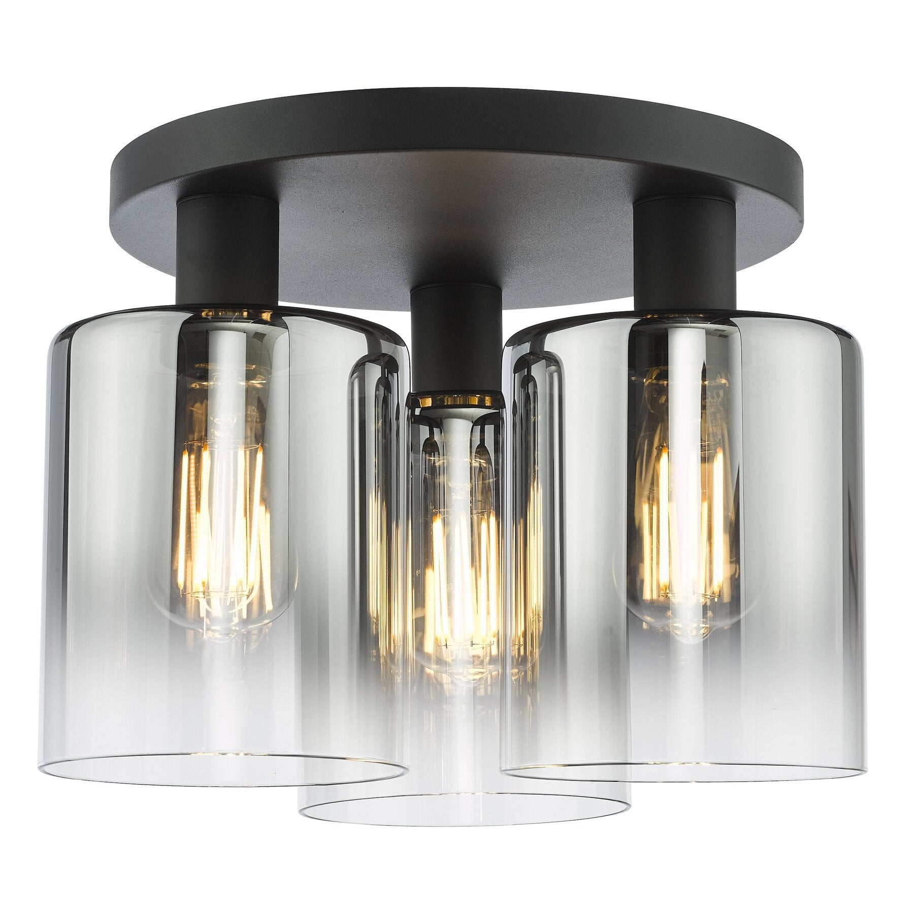 Modern dar lighting ceiling light fixture with three clear glass shades and black metal frame on a white background
