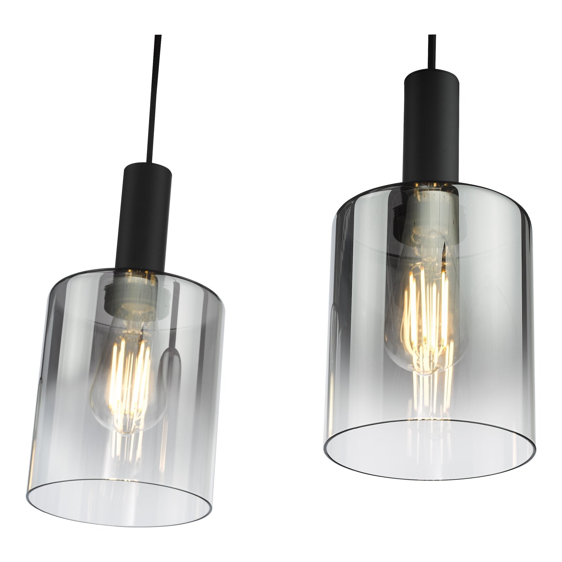 Two dar lighting pendant lights with clear glass shades and black fixtures on a white background