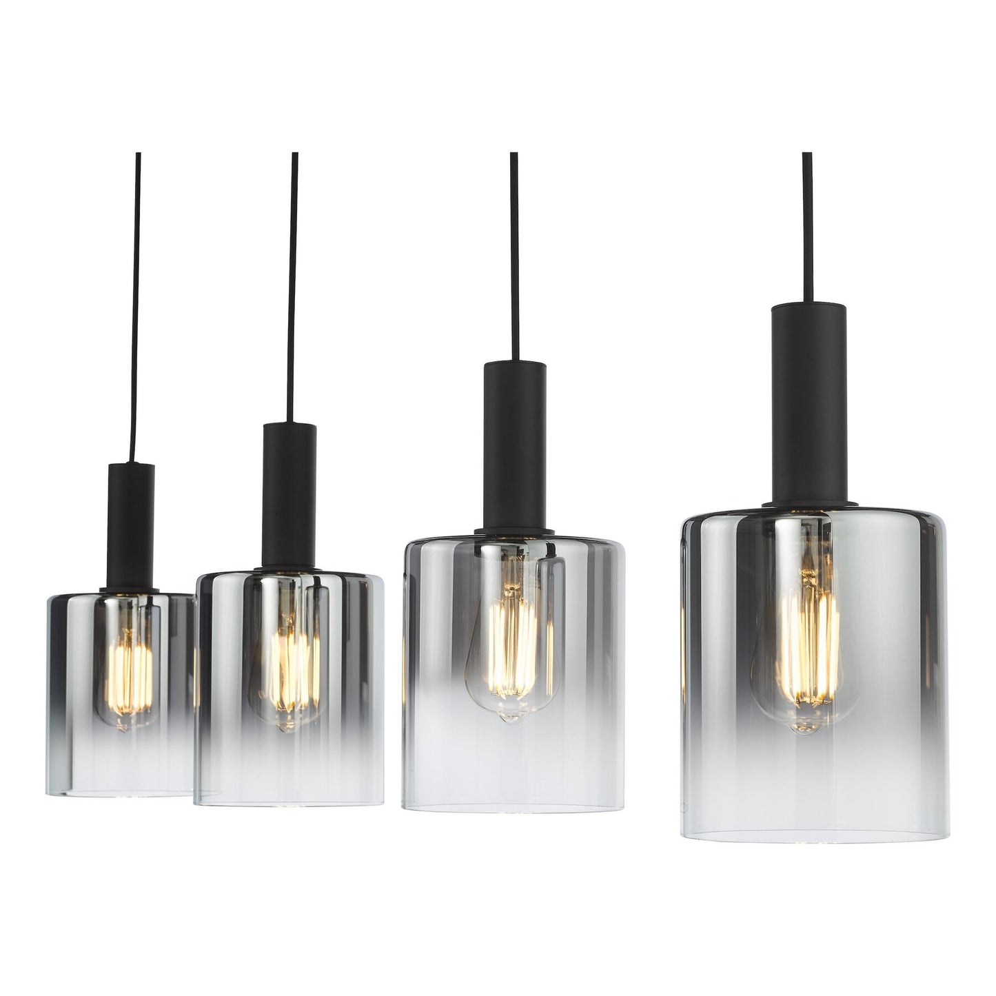 Four dar lighitng pendant lights with clear glass shades and black fixtures on a white background