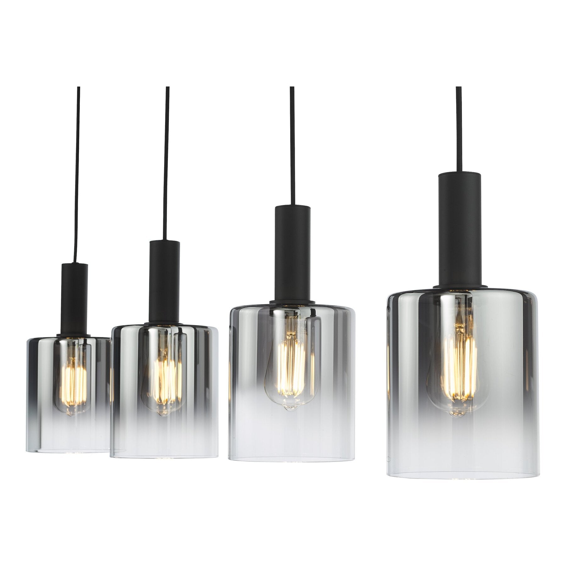Four dar lighitng pendant lights with clear glass shades and black fixtures on a white background