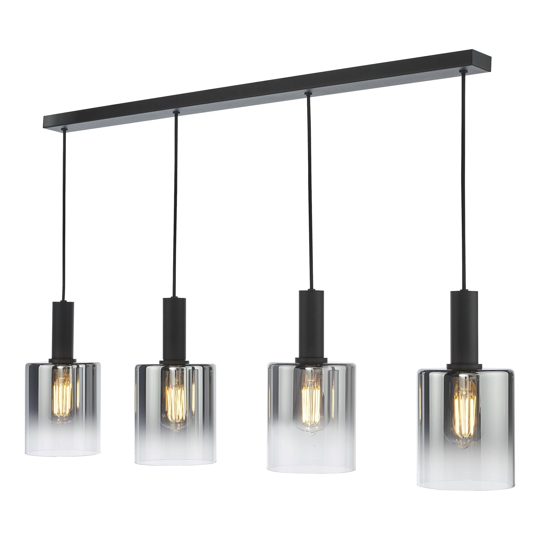 Modern dar lighting pendant light fixture with four glass shades on a white background