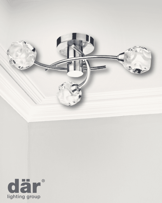Ceiling light fixture with crystal accents on a white ceiling, featuring the dar lighting group logo.