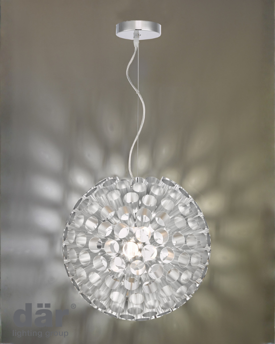 Metal chrome pendant light fixture with holes to allow light through on pale grey background with Dar Lighting logo, bottom left.