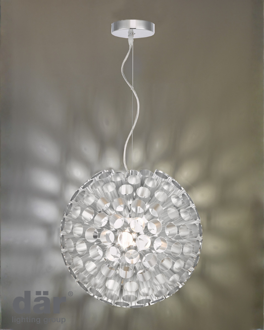 Metal chrome pendant light fixture with holes to allow light through on pale grey background with Dar Lighting logo, bottom left.