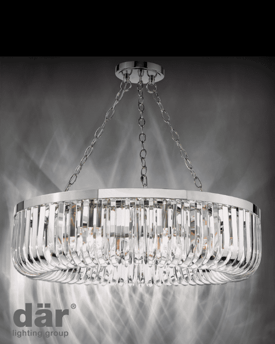 Chandelier with crystal accents on a gray background, featuring the dar lighting group logo.