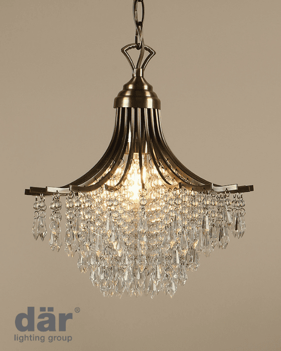 Chandelier with crystal accents on a beige background, featuring the dar lighting group logo.