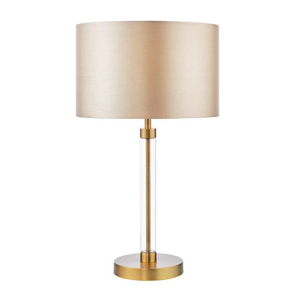 Dar lighting table lamp with beige shade and gold base on a white background