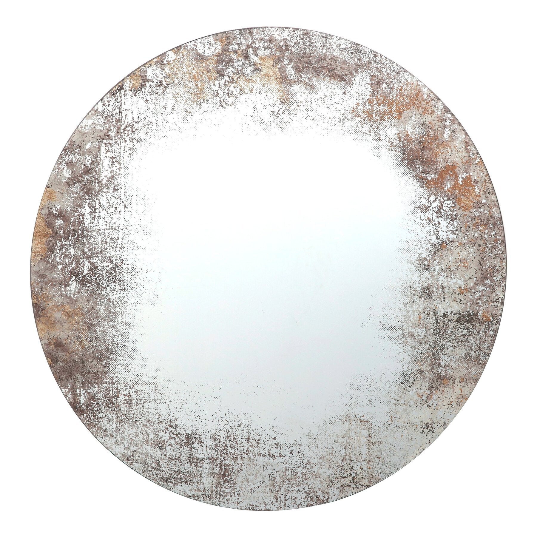 Round dar lighting mirror with a distressed metal finish on a white background