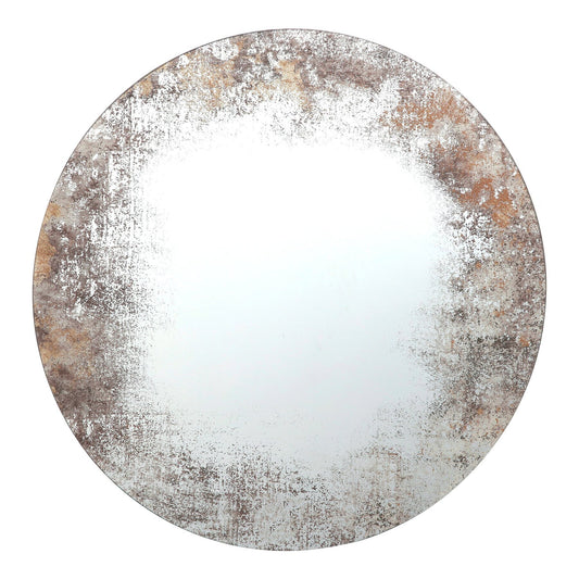 Round dar lighting mirror with a distressed metal finish on a white background