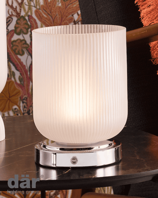 Dar Lighting Echo LED Polished Chrome & Ribbed Glass Rechargeable Table Lamp