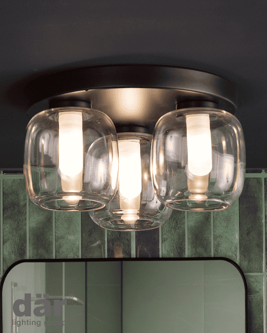 Dar Lighting Edaline Bathroom IP44 3 Light Matt Black & Glass Semi Flush