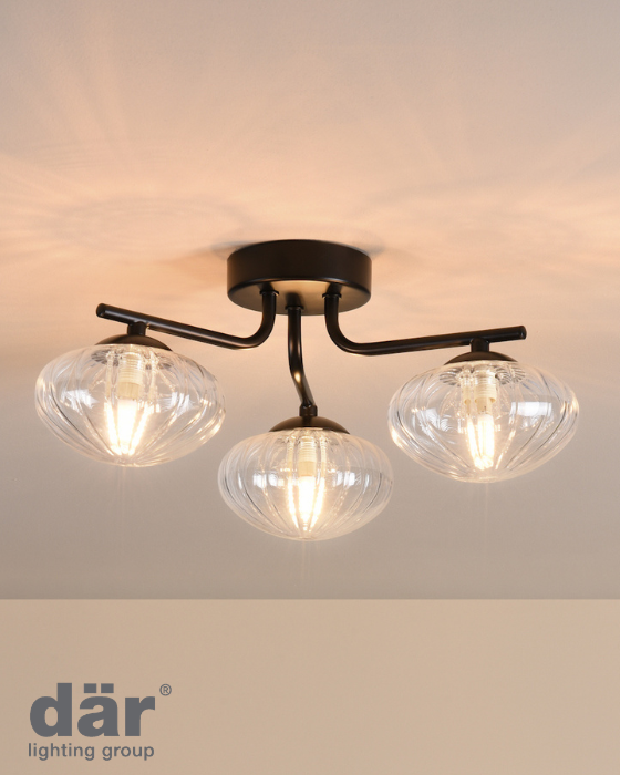 Dar Lighting Ede 3 Light Matt Black & Glass Semi Flush