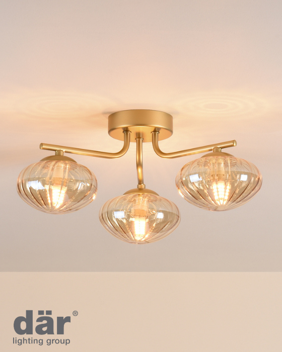 Dar Lighting Ede 3 Light Satin Gold & Amber Glass Semi Flush