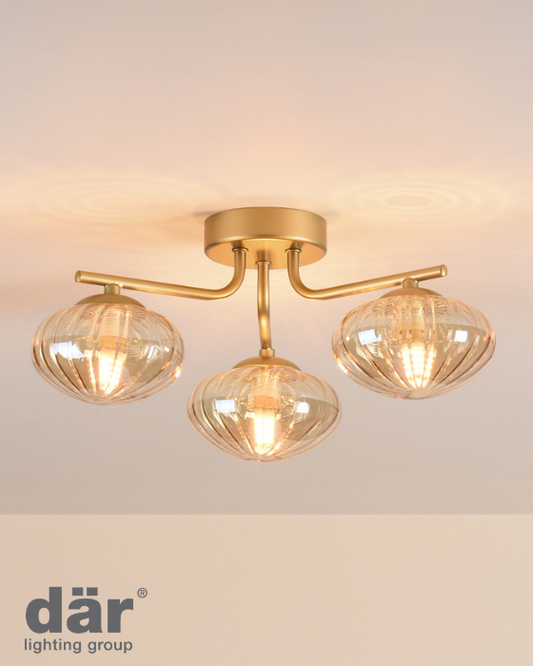 Dar Lighting Ede 3 Light Satin Gold & Amber Glass Semi Flush