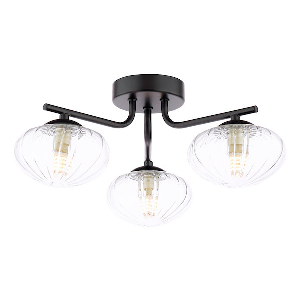 Dar Lighting Ede 3 Light Matt Black & Glass Semi Flush