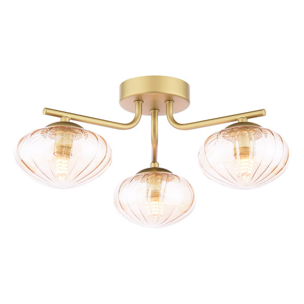 Dar Lighting Ede 3 Light Satin Gold & Amber Glass Semi Flush