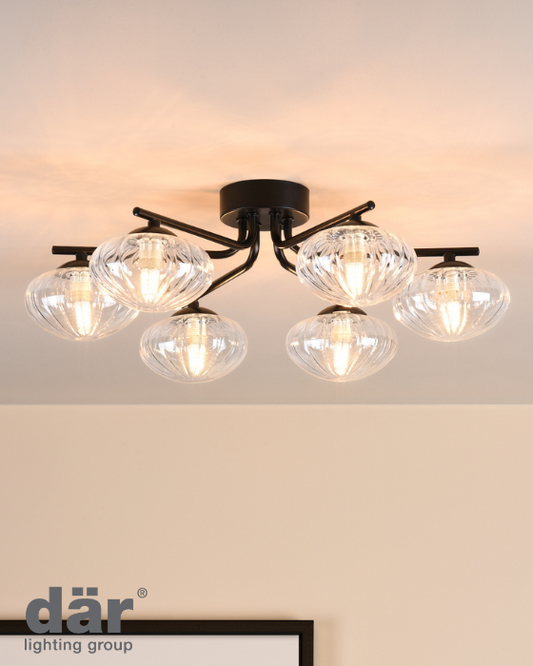 Dar Lighting Ede 6 Light Matt Black & Glass Semi Flush