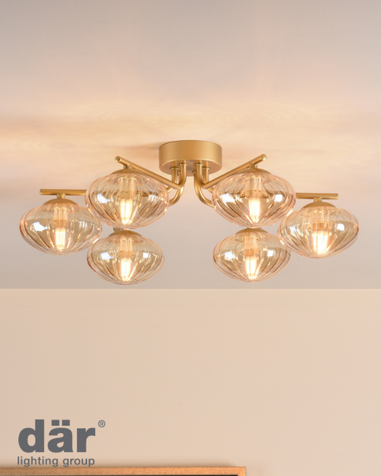 Dar Lighting Ede 6 Light Satin Gold & Amber Glass Semi Flush