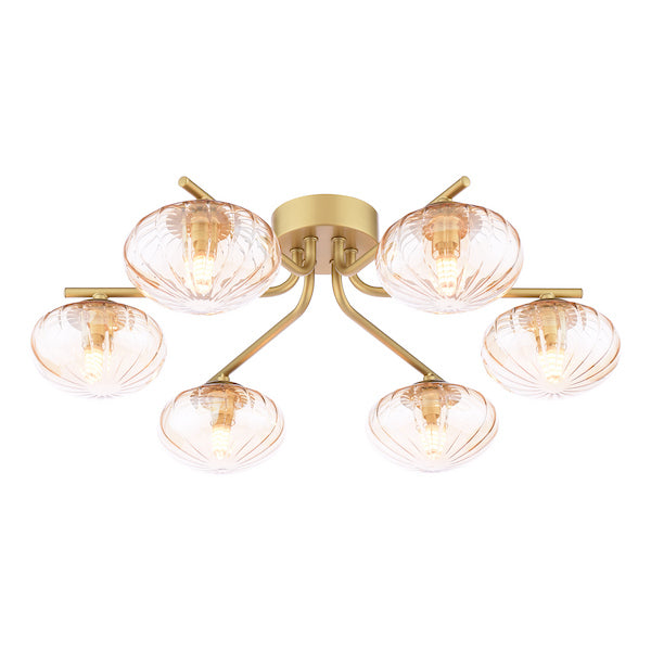 Dar Lighting Ede 6 Light Satin Gold & Amber Glass Semi Flush