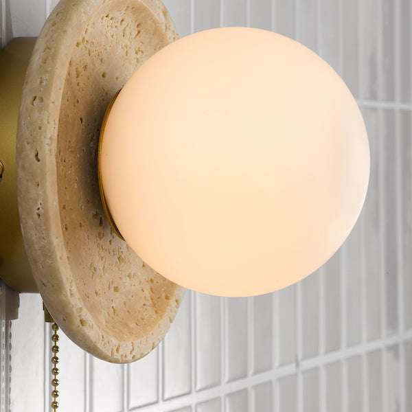 Dar Lighting Elgor Bathroom IP44 Travertine & Opal Glass Wall Light